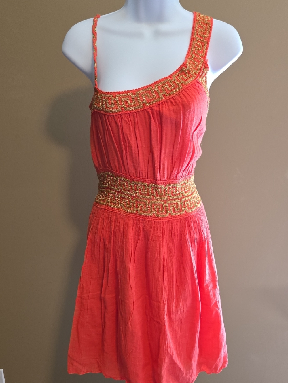 One-Shoulder Coral Dress with Gold Embroidered Trim NWOT  Greecian Stitch